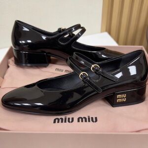 Miu Miu Black Patent Double-Strap Mary Jane Block Heel Pumps